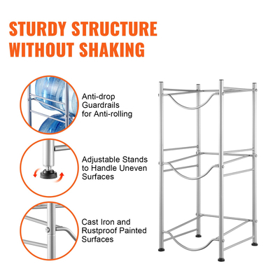 Βάση για κανάτα νερού VEVOR 3 επιπέδων μονής σειράς Ράφι για 3 μπουκάλια Ασημί