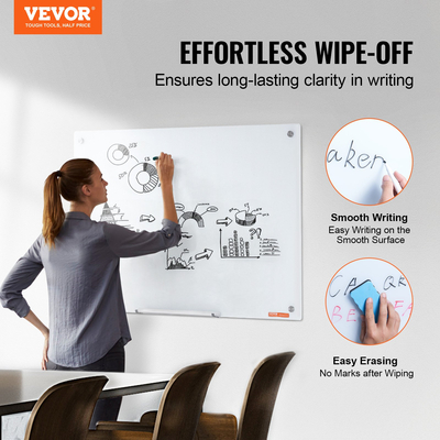 Whiteboard VEVOR Magnetic Glass, Dry Erase Board 36&quot;x24&quot;, Επιτοίχια Μεγάλη Λευκή Γυάλινη Πίνακας χωρίς πλαίσιο, με Δίσκο μαρκαδόρων, Γόμα και 2 Μαρκαδόρους, Λευκό