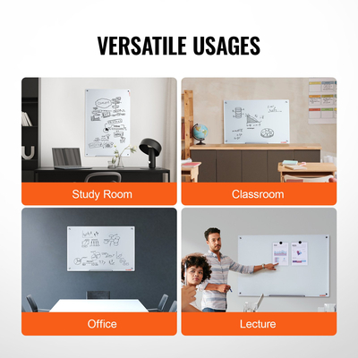 Whiteboard VEVOR Magnetic Glass, Dry Erase Board 36&quot;x24&quot;, Επιτοίχια Μεγάλη Λευκή Γυάλινη Πίνακας χωρίς πλαίσιο, με Δίσκο μαρκαδόρων, Γόμα και 2 Μαρκαδόρους, Λευκό