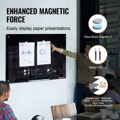 Whiteboard VEVOR Magnetic Glass, Dry Erase Board 36&quot;x24&quot;, Επιτοίχια Μεγάλη Λευκή Γυάλινη Πίνακας χωρίς πλαίσιο, με Δίσκο μαρκαδόρου, Γόμα και 2 Μαρκαδόρους, Μαύρο