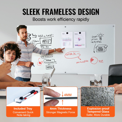 Λευκός πίνακας VEVOR Magnetic Glass, Dry Erase Board 72&quot;x36&quot;, Μεγάλη Λευκή Γυάλινη Πίνακας τοίχου χωρίς πλαίσιο, με δίσκο μαρκαδόρου, γόμα και 2 μαρκαδόρους, λευκό