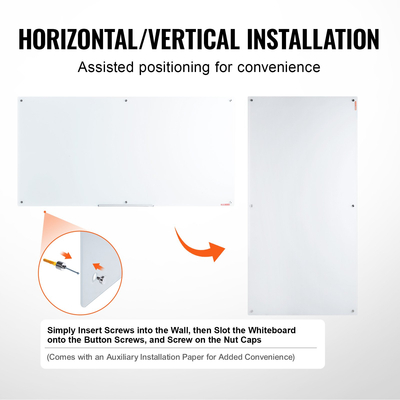 Λευκός πίνακας VEVOR Magnetic Glass, Dry Erase Board 72&quot;x36&quot;, Μεγάλη Λευκή Γυάλινη Πίνακας τοίχου χωρίς πλαίσιο, με δίσκο μαρκαδόρου, γόμα και 2 μαρκαδόρους, λευκό