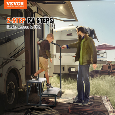 Σκαλοπάτια VEVOR RV, 2-Step RV Stairs, 440 LBS Load Capacity, Thickened Carbon Steel, Με κουπαστή, Αντιολισθητικά σκαλοπάτια για ασφαλή είσοδο και έξοδο, Στολή για RV, Trailer, Camper Steps