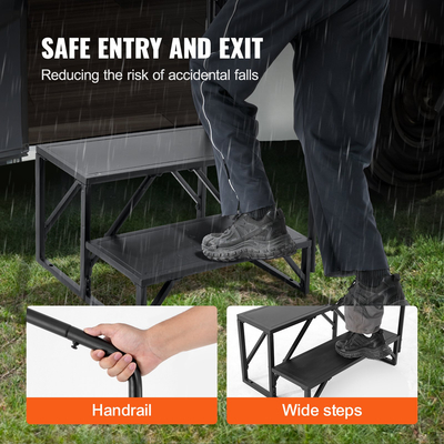 Σκαλοπάτια VEVOR RV, 2-Step RV Stairs, 440 LBS Load Capacity, Thickened Carbon Steel, Με κουπαστή, Αντιολισθητικά σκαλοπάτια για ασφαλή είσοδο και έξοδο, Στολή για RV, Trailer, Camper Steps