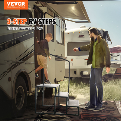Σκαλοπάτια VEVOR RV, Σκάλες RV 3 βημάτων, Χωρητικότητα φόρτωσης 440 LBS, Παχύ ανθρακούχο χάλυβα, με κουπαστή, αντιολισθητικά σκαλοπάτια για ασφαλή είσοδο και έξοδο, στολή για τροχόσπιτο, τρέιλερ, σκαλοπάτια τροχόσπιτου
