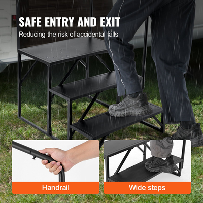 Σκαλοπάτια VEVOR RV, Σκάλες RV 3 βημάτων, Χωρητικότητα φόρτωσης 440 LBS, Παχύ ανθρακούχο χάλυβα, με κουπαστή, αντιολισθητικά σκαλοπάτια για ασφαλή είσοδο και έξοδο, στολή για τροχόσπιτο, τρέιλερ, σκαλοπάτια τροχόσπιτου