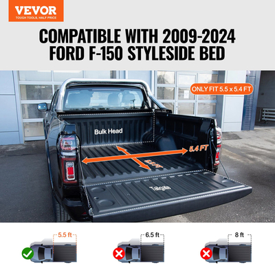 Κάλυμμα κρεβατιού VEVOR Truck, Roll Up Truck Bed Tonneau Cover, Συμβατό με 2009-2024 Ford F-150 Styleside κρεβάτι, για κρεβάτι 5,5 x 5,4 ft, μαλακό υλικό PVC, 100% κάλυμμα πρόσβασης κρεβατιού Roll Up Tonneau