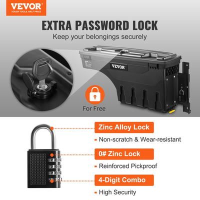 Κουτί αποθήκευσης κρεβατιού φορτηγού VEVOR, θήκη που κλειδώνει με λουκέτο κωδικού πρόσβασης, 6,6 Gal/25 L ABS Εργαλειοθήκη φρεατίου τροχού, αδιάβροχο και ανθεκτικό, συμβατό με Ford Super Duty 2017-2021, Πλευρά συνοδηγού