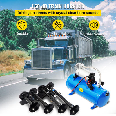 VEVOR Train Horn Kit 4 Trumpet 12V Train Air Horn 150 Decibels με 1,6 Gal Tank 150 PSI Air Compressor for Truck Complete Kit και Blaster Train Horn Kit για φορτηγό, αυτοκίνητο και μοτοσυκλέτα