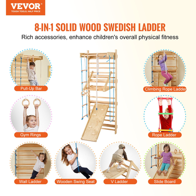 VEVOR Swedish Ladder Wall Gym 8 in 1 Ξύλινα παιχνίδια αναρρίχησης εσωτερικής παιδικής χαράς