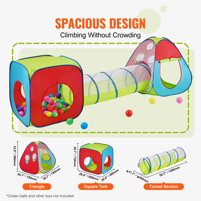 VEVOR 3 σε 1 Παιδική σκηνή παιχνιδιού με τούνελ για αγόρια, κορίτσια, μωρά και νήπια, εσωτερικό/εξωτερικό Pop Up Playhouse με τσάντα μεταφοράς και ιμάντες ως δώρα γενεθλίων, Κόκκινο/Κίτρινο/Μπλε πολύχρωμο