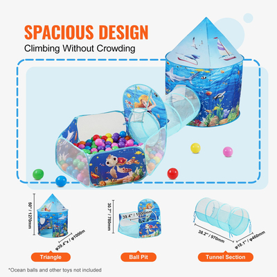 VEVOR 3 σε 1 Παιδική σκηνή με τούνελ, στεφάνι μπάσκετ για αγόρια, κορίτσια, μωρά και νήπια, εσωτερικό/εξωτερικό Pop Up Playhouse με τσάντα μεταφοράς και δώρα γενεθλίων με ιμάντες, Blue Ocean