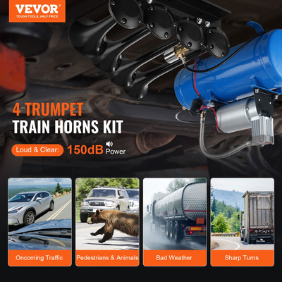 VEVOR Train Horns Kit, 4 Trumpet Air Horn Kit, 150dB Train Horns for Pickup Trucks, 12V 120 psi Air Compressor 1,6 Gal/6 L Tank with Gauge for any 12V Vehicle Truck Truck Train Van Boat