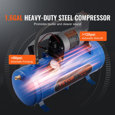 VEVOR Train Horns Kit, 4 Trumpet Air Horn Kit, 150dB Train Horns for Pickup Trucks, 12V 120 psi Air Compressor 1,6 Gal/6 L Tank with Gauge for any 12V Vehicle Truck Truck Train Van Boat