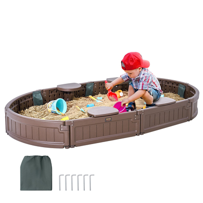 VEVOR Sandbox with Cover Oval Sand Box HDPE Sand Pit Outdoor Backyard Backyard 3-12