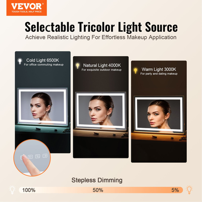 VEVOR Lighted Makeup Καθρέφτης 3 Χρώμα με Bluetooth USB Επιτραπέζιο Βάση τοίχου 21,7 ιντσών