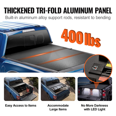 VEVOR Tri-Fold Tonneau Cover Truck Bed Cover for 2015-2024 Ford F-150 LED Light