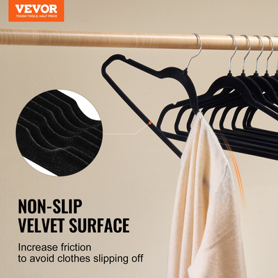 VEVOR Velvet Hangers 50 Pack Μαύρες αντιολισθητικές κρεμάστρες με περιστρεφόμενο γάντζο 360 μοιρών