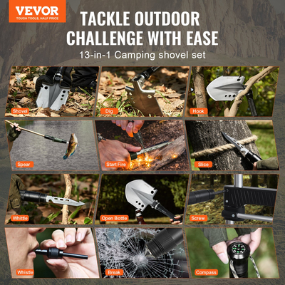 VEVOR Survival Φτυάρι 13 σε 1 Κάμπινγκ Φτυάρι Πτυσσόμενο Πολυεργαλείο Φορητό Συμπαγές