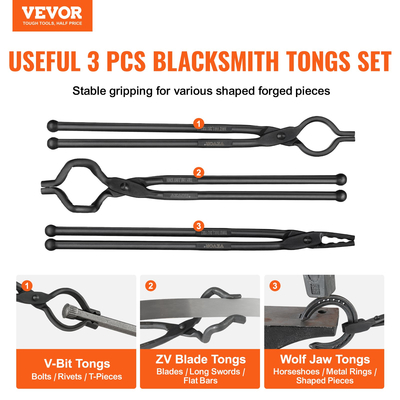 VEVOR Blacksmith Tongs, 18&quot; 3 ΤΕΜ, V-Bit Bolt Tongs, Wolf Jaw Tongs και Z V-Bit Tongs, Carbon Steel Forge Tongs με ατσάλινα πριτσίνια, για αρχάριους και έμπειρους σιδηρουργούς, λεπίδες και τεχνίτες