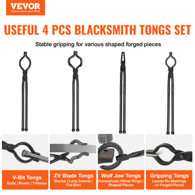 VEVOR Blacksmith Tongs, 18” 4 ΤΕΜ, V-Bit Bolt Tongs, Wolf Jaw Tongs, Z V-Bit Tongs and Gripping Tongs, Carbon Steel Forge Tongs με Α3 Ατσάλινα πριτσίνια, για αρχάριους και έμπειρους σιδηρουργούς, λεπίδες