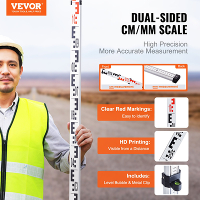 Ράβδος μέτρησης VEVOR 3M Metric Telescopic Grade Rod CM/MM με επίπεδο &amp; τσάντα φυσαλίδων