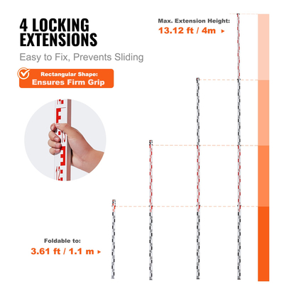 Ράβδος μέτρησης VEVOR 4M Metric Telescopic Grade Rod CM/MM με επίπεδο &amp; τσάντα φυσαλίδων