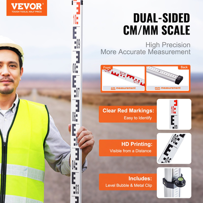 Ράβδος μέτρησης VEVOR 5M Metric Telescopic Grade Rod CM/MM με επίπεδο &amp; τσάντα φυσαλίδων