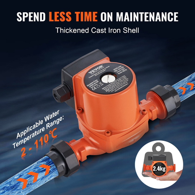 Αντλία ανακύκλωσης ζεστού νερού Vevor Αντλία ανακύκλωσης χυτοσιδήρου 220V 72W, Μέγιστη ταχύτητα ροής 50 L/min, Μέγιστη ανύψωση κεφαλής 4m, Σύνδεση με σπείρωμα 1-1/2&quot;, Εύρος θερμοκρασίας 2°c έως 110°c, Τρεις ρυθμιζόμενος ρυθμός ροής Χαμηλός θόρυβος