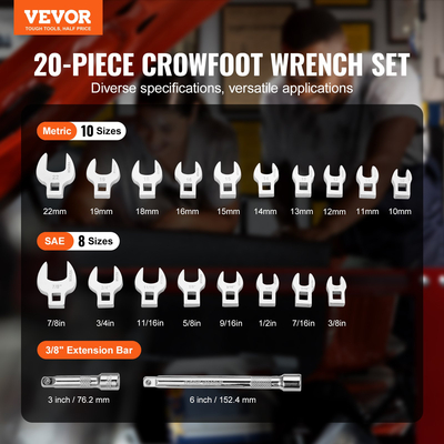 VEVOR Crowfoot Wrench Set, 3/8&quot; Drive 20-Piece Crows Foot Wrench Set with 2 Extension Bars and EVA Tool Organizer, SAE 3/8&quot;-7/8&quot; and Metric 10-22 mm, 40CR Material with Mirror Chrome Finish