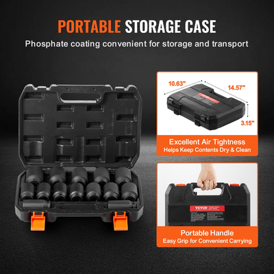 VEVOR Axle Nut Impact Socket Socket 1/2&quot; Drive Deep 6+12 Point 14PCS Metric Socket