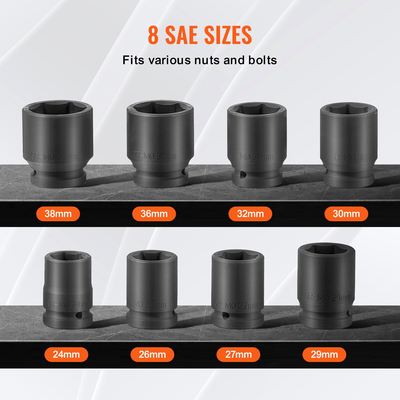 VEVOR Axle Nut Impact Socket Socket 3/4&quot; Drive 6-Point 8PCS Metric Spindle Socket