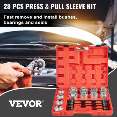 VEVOR 28 PCS Sleeve Kit Pull and Press, 45# Steel Removal Installation Bushes Bearings Tool Kit, Bush Insertion Sleeve Tool Set λειτουργεί στα περισσότερα αυτοκίνητα και κινητήρες LCV, HGV