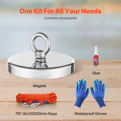 VEVOR 1300 LBS Κιτ ισχυρού μαγνήτη ψαρέματος Καραμπίνερ σχοινιού δύναμης έλξης μονής όψης