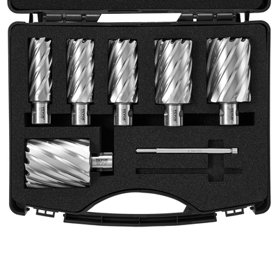 Σετ δακτυλιοειδούς κοπής VEVOR, 6 τμχ Τρυπάνια Universal Shank Mag, 2&quot; βάθος κοπής, διάμετρος κοπής 1&quot; έως 2&quot;, χάλυβας υψηλής ταχύτητας M2AL, με 2 καρφίτσες πιλότου και φορητή θήκη, για χρήση με μαγνητικά τρυπάνια