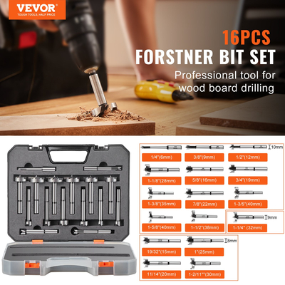 VEVOR Forstner Bit Set, 16 Pcs Forstner Drill Bits Set, 1/4&quot; έως 1-5/8&quot;, Carbon Steel, με Universal Round Shenk, Forstner Drill Bit for Wood and Composite Board, Forstner Bits for Woodworking