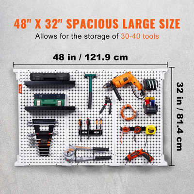VEVOR Pegboard Wall Organizer 48&quot; x 32&quot;, 495LBS Loading Garage Metal Pegboard Organizer Βάση τοίχου, 37PCS Tool Storage Kit με 3 μανταλάκια, γάντζους, δοχεία αποθήκευσης, ράφια ραφιών για κατάστημα γκαράζ αποθήκης
