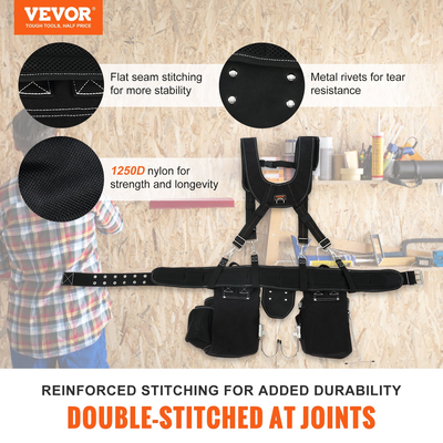 Ζώνη εργαλείων VEVOR με τιράντες, 34 τσέπες, ρυθμιζόμενο μέγεθος μέσης 29-54 ίντσες, ζώνες εργαλείων για άνδρες, 1250D νάιλον βαρέως τύπου θήκη εργαλείων ξυλουργού για ξυλουργούς, ηλεκτρολόγους και κηπουρική, μαύρο