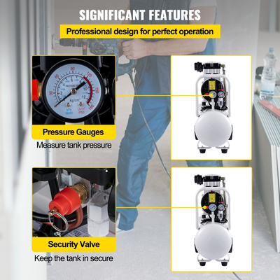 VEVOR Air Compressor, Δεξαμενή αεροσυμπιεστή 30L/6,6 Gallon, φορητό κιτ αεροσυμπιεστή χωρίς λάδι 1,5HP 1100W για γκαράζ, Ultra Quiet, 102PSI, 7,1CFM, 1440RPM, για φούσκωμα ελαστικών,Ανακαίνιση σπιτιού, To Airo