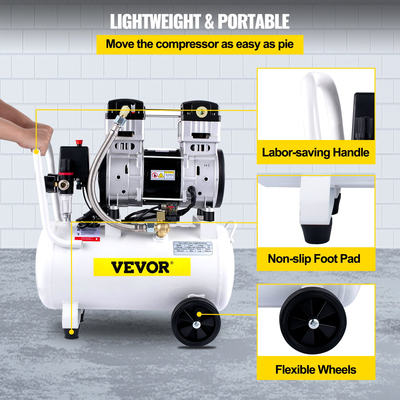 VEVOR Air Compressor, Δεξαμενή αεροσυμπιεστή 30L/6,6 Gallon, φορητό κιτ αεροσυμπιεστή χωρίς λάδι 1,5HP 1100W για γκαράζ, Ultra Quiet, 102PSI, 7,1CFM, 1440RPM, για φούσκωμα ελαστικών,Ανακαίνιση σπιτιού, To Airo