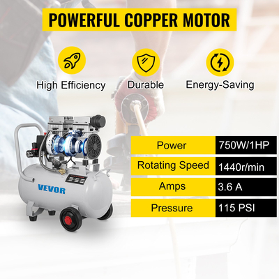VEVOR Air Compressor 6,6 Gallon Ultra Quiet Αερόσυμπιεστής χωρίς λάδι 30L Αθόρυβος Αεροσυμπιεστής Δεξαμενής 750W Συμπιεστής χωρίς λάδι Χαμηλό θόρυβο με ασφαλή ηλεκτρομαγνητική βαλβίδα