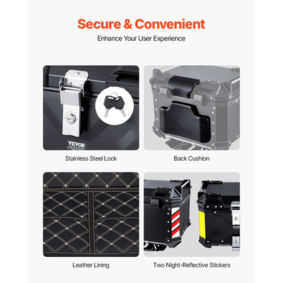 VEVOR 45L Top Case Μοτοσικλέτας Universal Tail Box μοτοσυκλέτας με δερμάτινη επένδυση