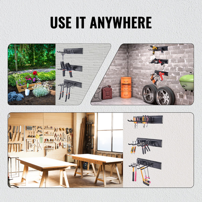 VEVOR Garage Tool Organizer, 600 lbs Max Load Capacity, Wall Mount Yard Garden Storage Rack Organization Heavy Duty με 6 ρυθμιζόμενους γάντζους και 3 ράγες, για εργαλεία κήπου, φτυάρια, ψαλίδια και σωλήνες