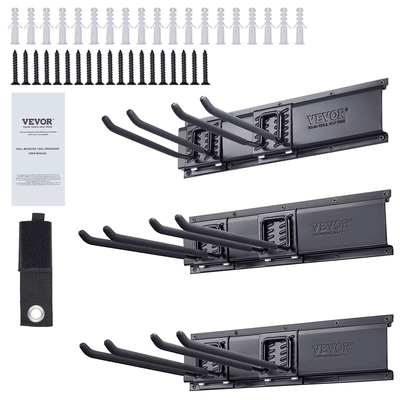 VEVOR Garage Tool Organizer, 600 lbs Max Load Capacity, Wall Mount Yard Garden Storage Rack Organization Heavy Duty με 6 ρυθμιζόμενους γάντζους και 3 ράγες, για εργαλεία κήπου, φτυάρια, ψαλίδια και σωλήνες