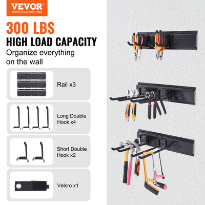 VEVOR Garage Tool Organizer, 300 lbs Max Load Capacity, Wall Mount Yard Garden Storage Rack Organization Heavy Duty με 6 ρυθμιζόμενους γάντζους και 3 ράγες, για εργαλεία κήπου, φτυάρια, ψαλίδια και σωλήνες