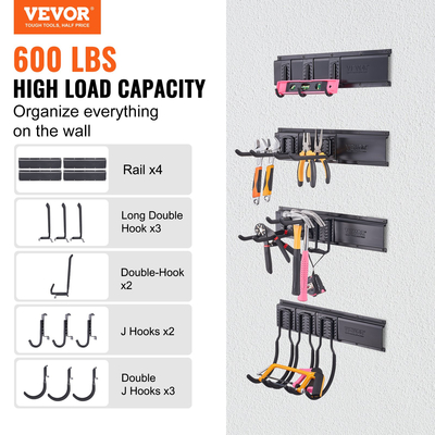 VEVOR Garage Tool Organizer, 600 lbs Max Load Capacity, Wall Mount Yard Garden Storage Rack Organization Heavy Duty με 10 ρυθμιζόμενους γάντζους και 4 ράγες, για εργαλεία κήπου, φτυάρια, ψαλίδια και σωλήνες