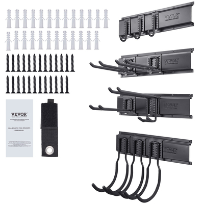 VEVOR Garage Tool Organizer, 600 lbs Max Load Capacity, Wall Mount Yard Garden Storage Rack Organization Heavy Duty με 10 ρυθμιζόμενους γάντζους και 4 ράγες, για εργαλεία κήπου, φτυάρια, ψαλίδια και σωλήνες