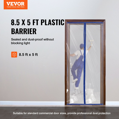 VEVOR Dust Barrier, 8,5 x 5 Ft Dust Barrier Door Kit, με μαγνητικό φερμουάρ που κλείνει αυτόματα, κάλυμμα πόρτας κατασκευής PE για περιορισμό της σκόνης, επαναχρησιμοποιούμενος τοίχος προστασίας από σκόνη για αναδιαμόρφωση μπάνιου σαλονιού