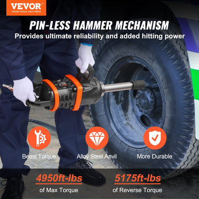 VEVOR 1 ιντσών κλειδί κρούσης αέρα, έως 5175 ft-lbs Beast αντίστροφης ροπής εξόδου πνευματικό πιστόλι κρούσης με εκτεταμένο αμόνι 8 ιντσών για επισκευές και συντήρηση μηχανημάτων βαρέως τύπου / ημιφορτηγού / λεωφορείου
