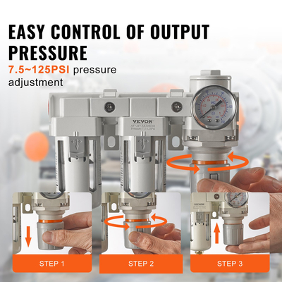 Ρυθμιστής φίλτρου αεροσυμπιεστή VEVOR, Διαχωριστής νερού αεροσυμπιεστή 3/8&quot; NPT 5μm, Σύστημα στεγνώματος αέρα ημιαυτόματου αποστράγγισης με στοιχείο φίλτρου ορείχαλκου, Διπλή βαθμίδα, Ρυθμιστής πίεσης 7,5-125 PSI, Poly Bowl